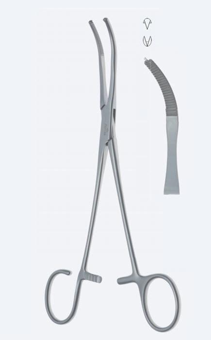 Зажими гемостатичні Mikulicz, для мигдалин, з відкритим кільцем, вигнуті, зубч щелепи, зубці 2 х 1, довжина 185 мм. Бренд - Asanus Medizintechnik Gmb, Німеччина